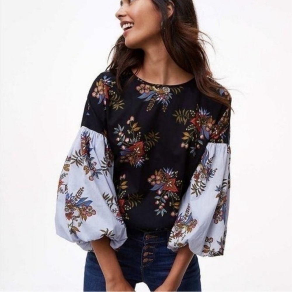 LOFT Black Floral Puff-Sleeve Top with Light Blue Sleeves